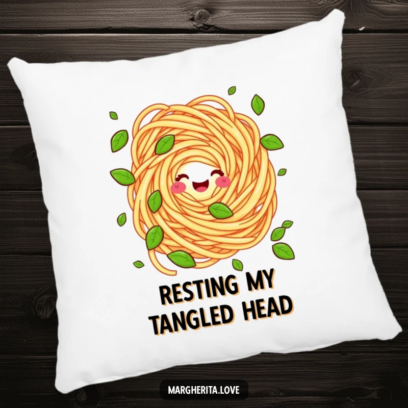 Funny pillow featuring a happy pasta swirl character juggling basil leaves, providing comfort and a touch of edible humor for your home.