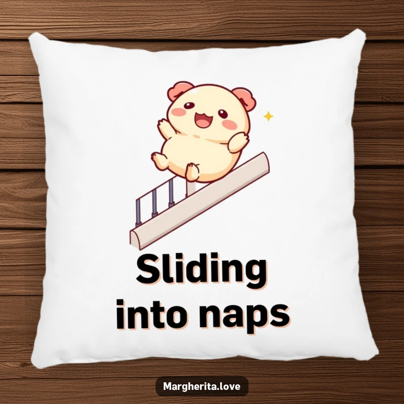 Funny pillow with a jolly dumpling character happily sliding down a banister, providing cozy comfort and humorous, dynamic appeal.