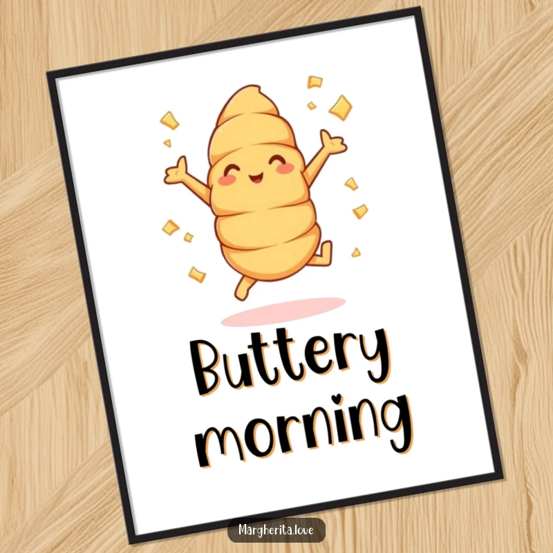 Funny croissant jumps digital art print of a cheerful pastry doing jumping jacks, buttery flakes flying, for humorous decor.