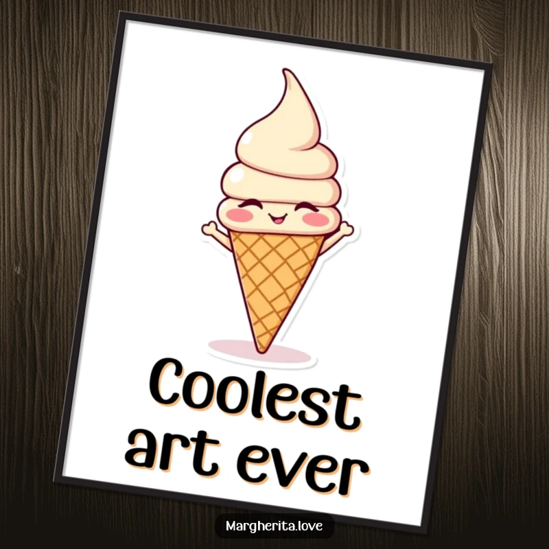 Funny winking ice cream cone doing a headstand, perfect for printable wall art to add instant playful humor.