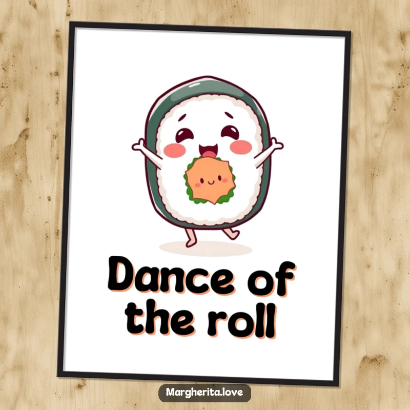 Funny digital art print of a joyful sushi roll character dancing, ideal for immediate download and humorous wall decor.