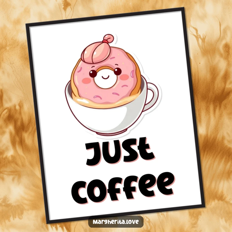 Funny donut coffee digital art print of a happy donut floating in coffee, perfect for instant humorous wall decoration.