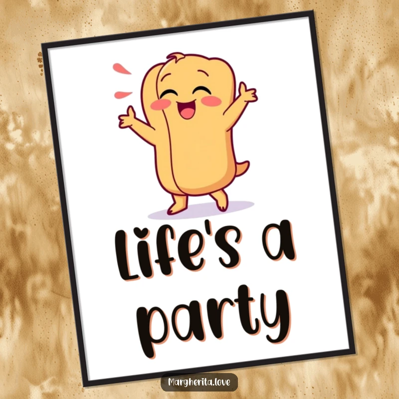 Funny digital art print of a giggling hot dog character performing a silly, energetic dance, ideal for instant humorous decor.