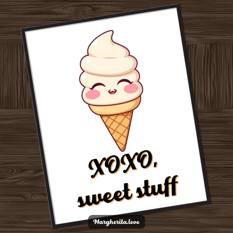 Funny digital art print of a smiling ice cream cone character blowing a kiss, ideal for instant sweet and humorous decor.