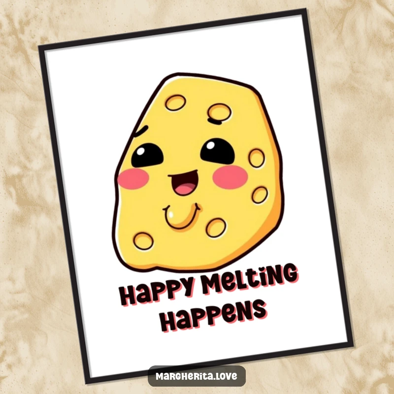 Funny slice of cheese melting with pure joy, perfect for a digital art print.