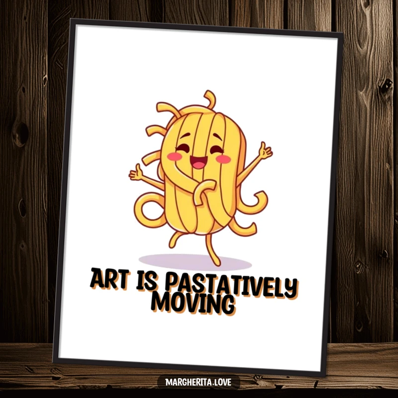 Funny pasta character captured in a hilarious, silly dance, ideal for printable wall art to bring instant humor.