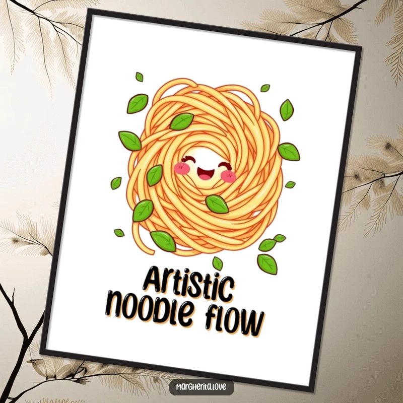 Funny digital art print of a cheerful pasta swirl juggling basil leaves, ideal for immediate download and humorous wall decor.