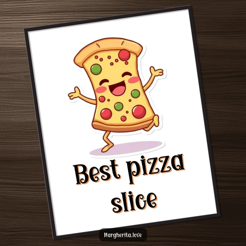 Funny pizza dancer digital art print of a slice with legs dancing joyfully, perfect for instant humorous wall decoration.