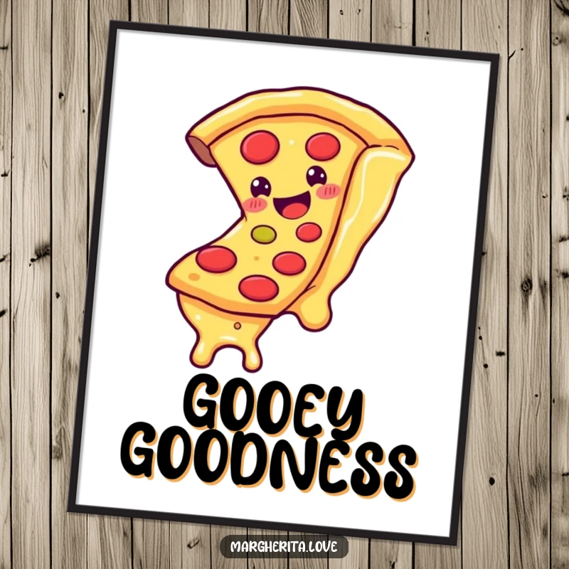 Funny digital art print of a happy pizza slice character joyfully sliding down a string of melted cheese, full of cheesy delight.
