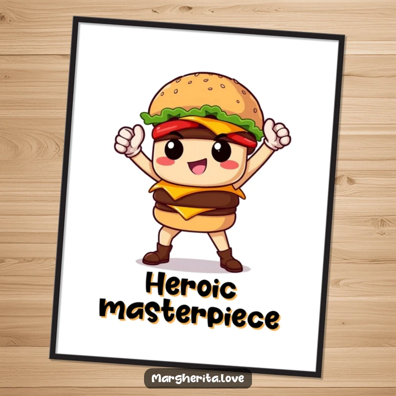 Funny proud burger hero striking a heroic pose, perfect for printable wall art to add instant bold humor.