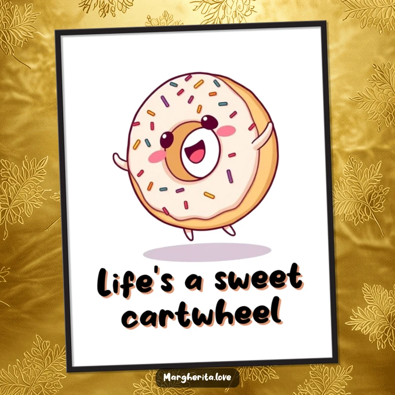 Funny digital art print of a giggling donut with sprinkles, doing a cartwheel, ideal for sweet and charming decor.