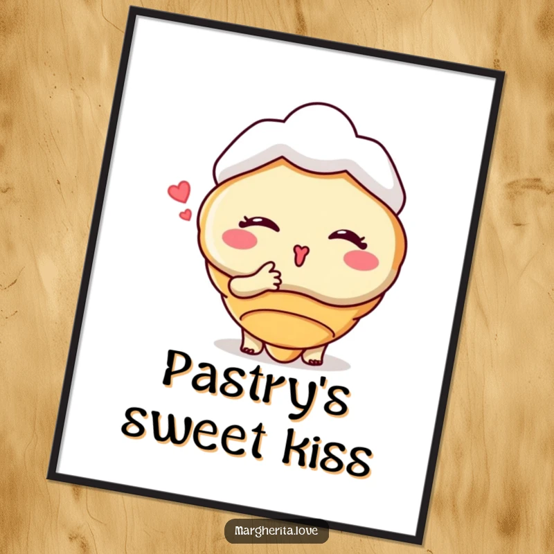 Funny digital art print of a winking croissant character blowing a kiss, offering instant downloadable charm and playful humor.