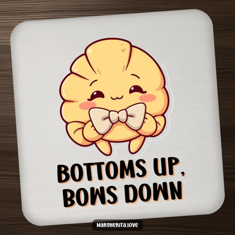 Funny drink coaster with a curious croissant character performing an elegant, dramatic bow, protecting surfaces with humor.