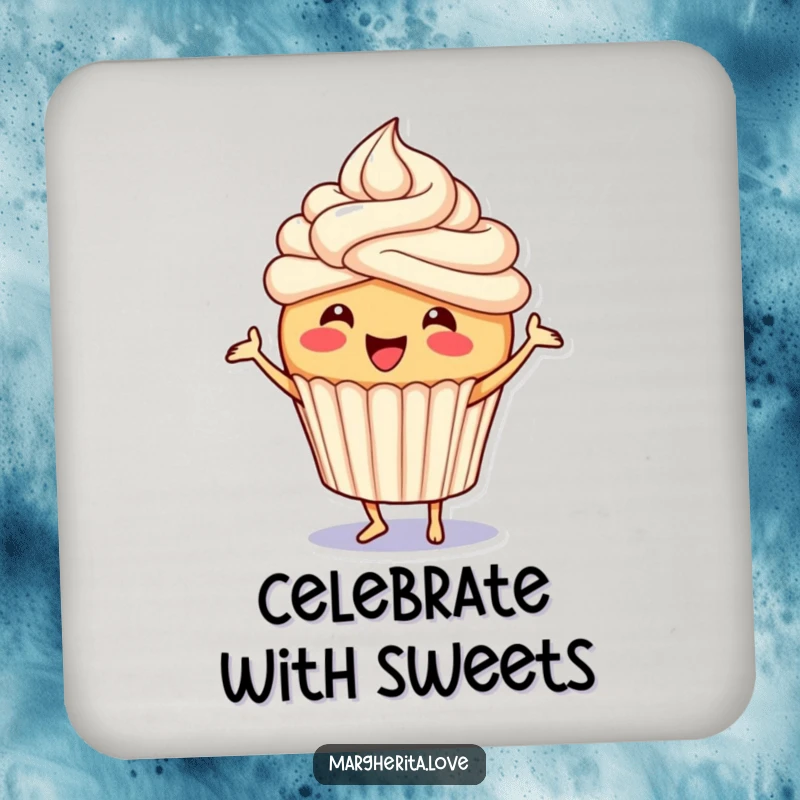Funny cupcake drink coaster showing a joyful character with frosting doing a little jig, adding a playful touch to any surface.