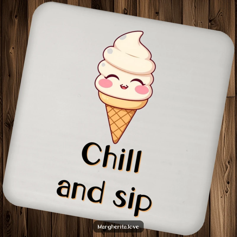 Funny drink coaster with a smiling ice cream cone character blowing a kiss, protecting surfaces with sweet and humorous flair.
