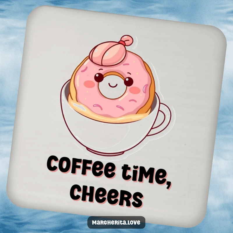Funny donut coffee drink coaster showing a happy donut floating in coffee, protecting surfaces with a smile.