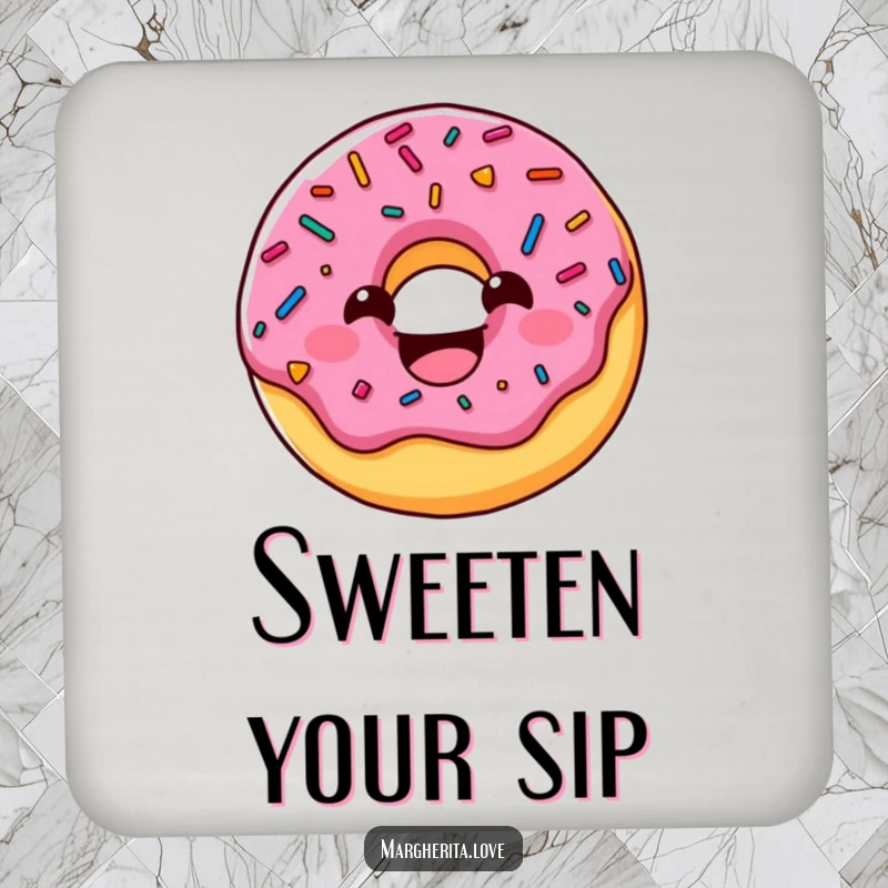 Funny donut drink coaster designed with a charming sprinkled character, grinning widely, adding a humorous element to table settings.