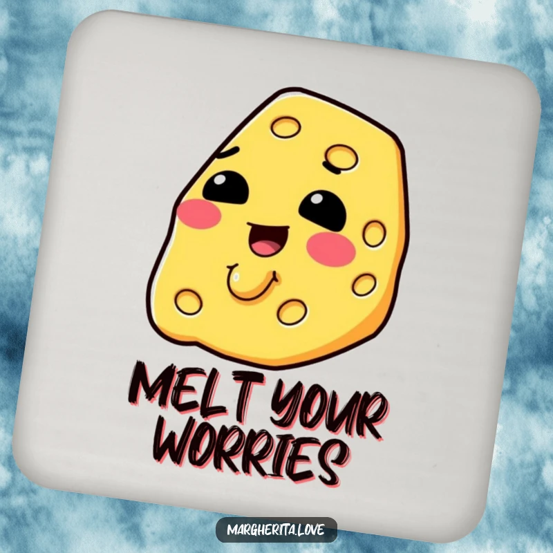 Funny slice of cheese melting happily on a functional drink coaster, adding cheesy humor.