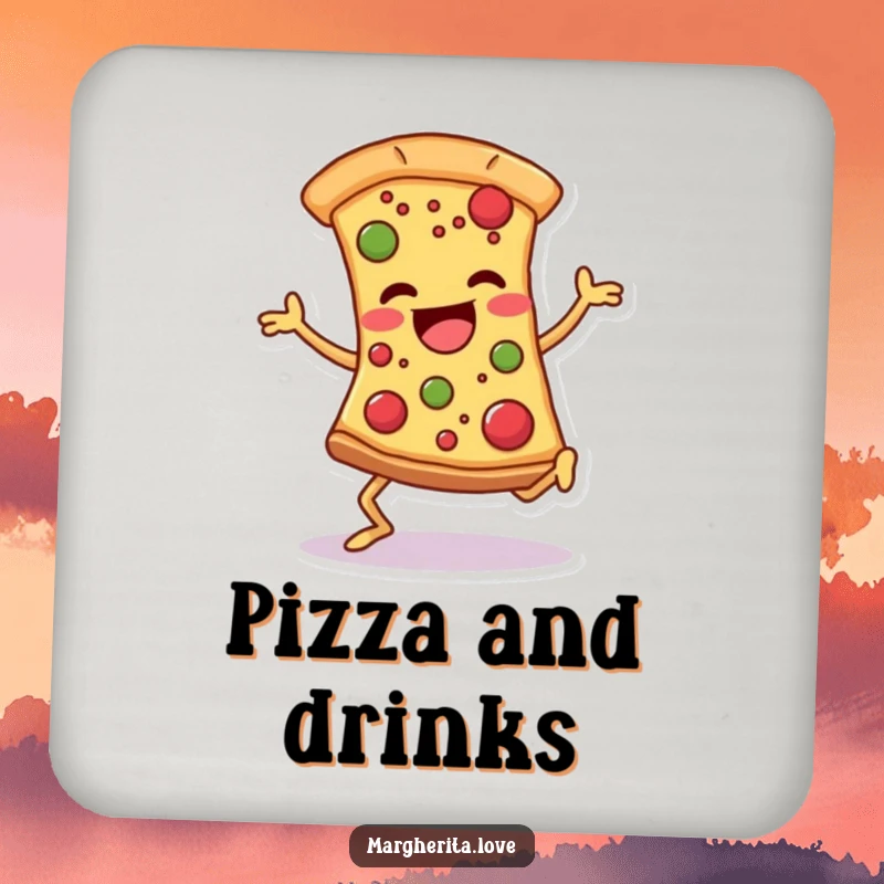 Funny pizza dancer drink coaster showing a cheerful, dancing slice, protecting surfaces with a smile.