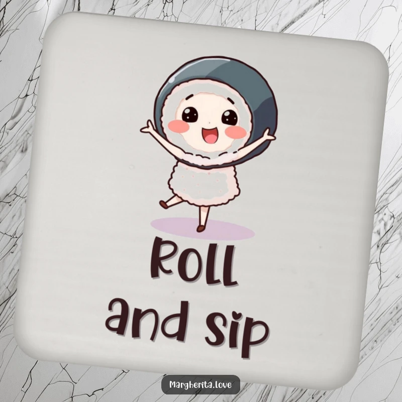 Smiling sushi roll character performing a graceful pirouette, featured on a protective and humorous drink coaster.