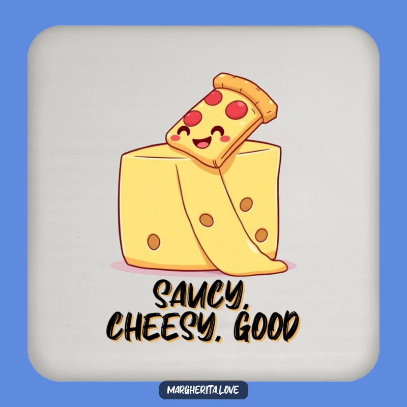Protect your tables with a cheesy smile using these funny pizza coasters. Each shows a pizza slice sliding down cheese.
