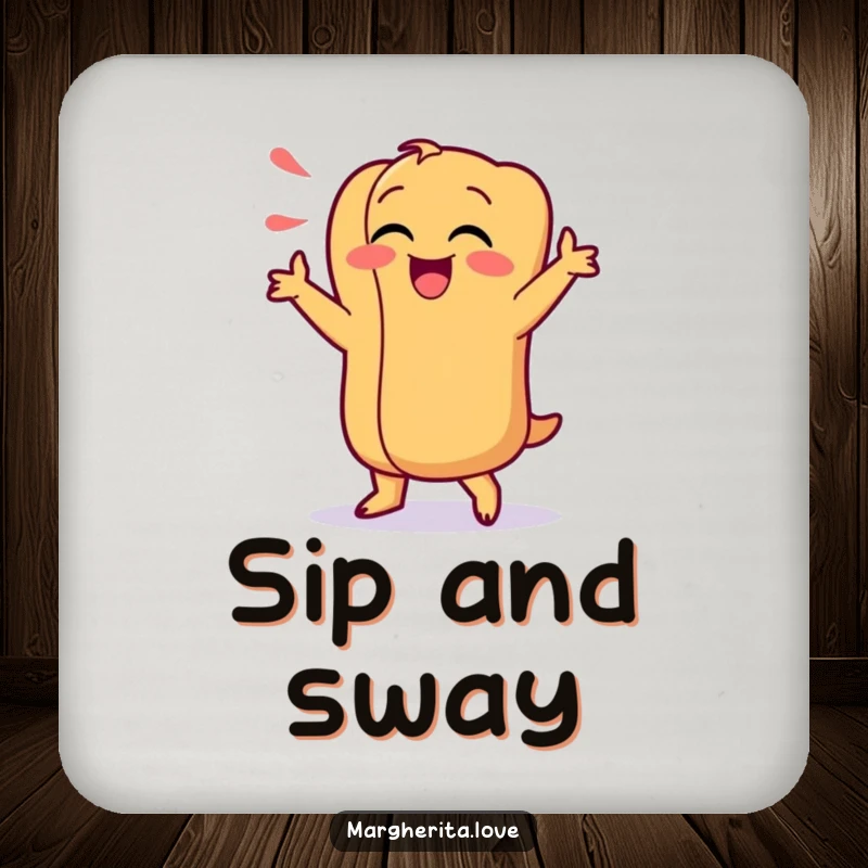 Funny drink coaster with a giggling hot dog character doing a silly dance, protecting surfaces with a touch of food-themed humor.