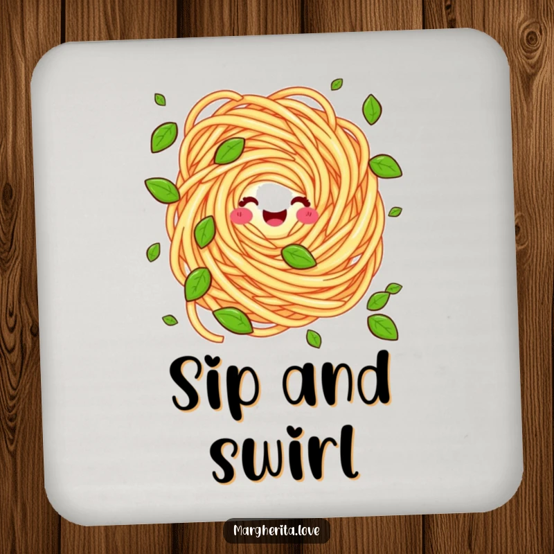 Funny coaster featuring a happy pasta swirl character juggling basil leaves, protecting furniture with a dose of culinary comedy.