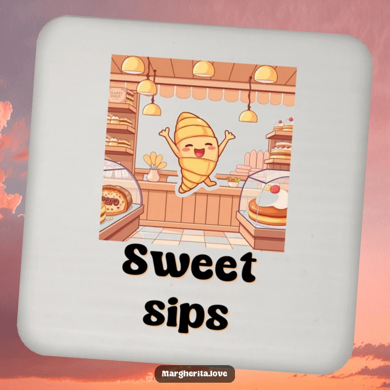 Funny drink coaster featuring a cheerful croissant character joyfully leaping, adding a sweet touch to tabletops.