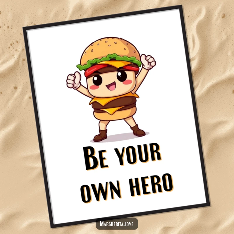 Funny proud burger hero striking a dramatic pose, depicted in a humorous poster perfect for adding bold personality.