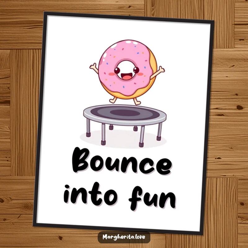 Funny bouncy donut character jumping on a trampoline, vibrant poster.