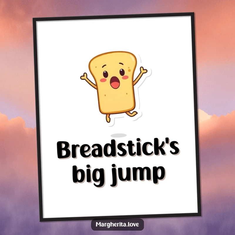 Funny poster showcasing a surprised breadstick character mid-leap, a delightful and humorous illustration for your wall.
