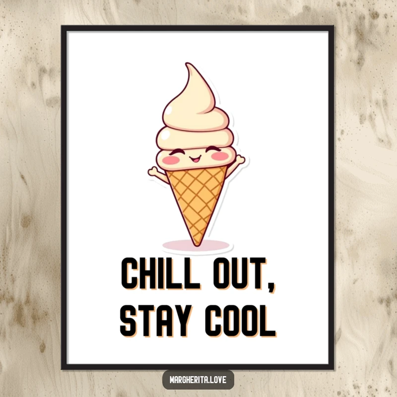 Funny winking ice cream cone doing a headstand, depicted in a humorous poster perfect for adding playful personality.