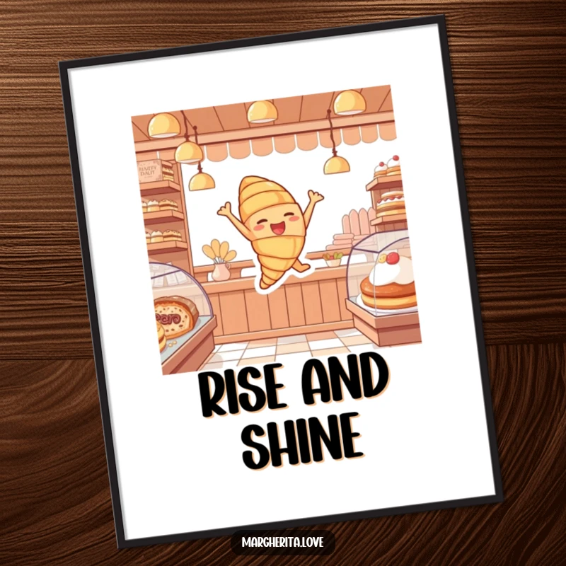 Funny poster of a cheerful croissant character mid-leap with pure joy, celebrating its bakery surroundings with delight.