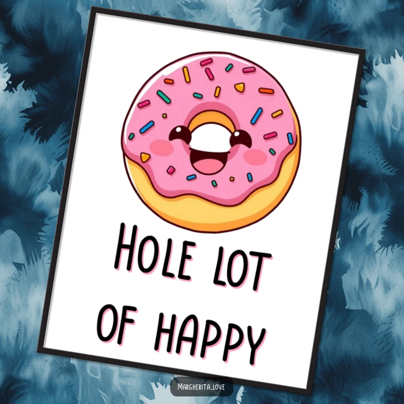 Funny donut poster showcasing a delightful character with sprinkles, known for its wide and infectious grin, adding humor to decor.