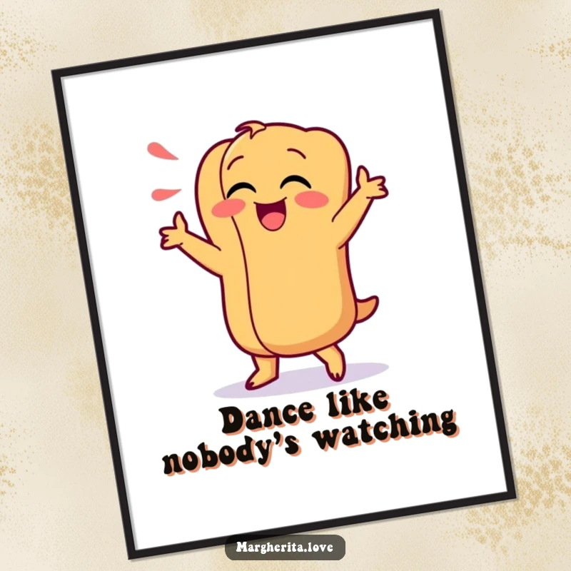 Funny poster of a giggling hot dog character performing a high-energy, silly dance, adding a humorous and lively touch to decor.