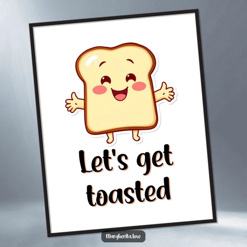 Funny poster featuring a cute, cartoon toast character with its arms outstretched in a warm, inviting hug. Cheerful wall art.