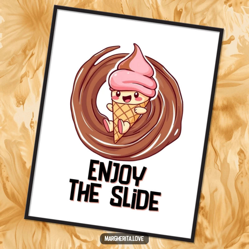 Funny ice cream poster featuring a delighted cone character in motion, sliding down a chocolate swirl, adding humor to decor.
