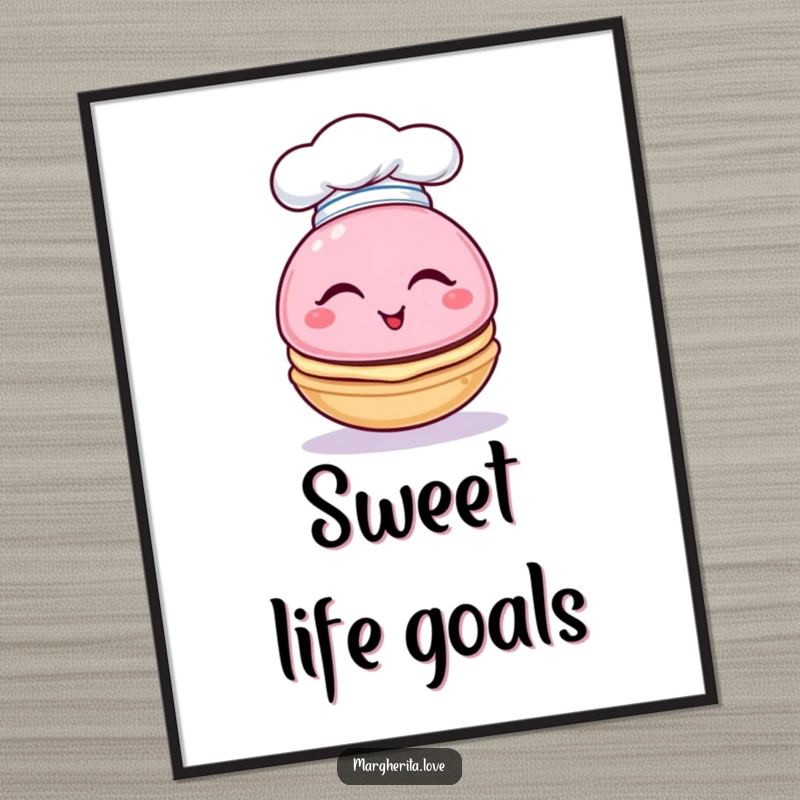 Funny poster featuring a winking macaron character wearing a tiny chef hat, exuding charm and culinary flair.