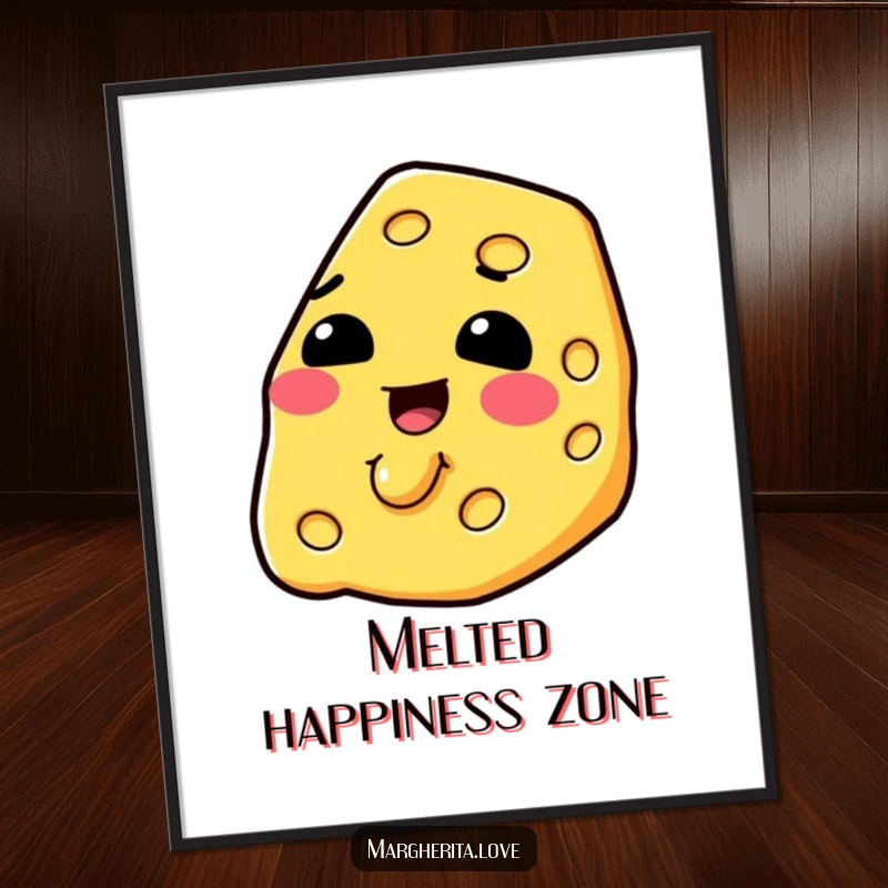 Funny slice of cheese melting with a smile, creating cheerful and quirky wall art.