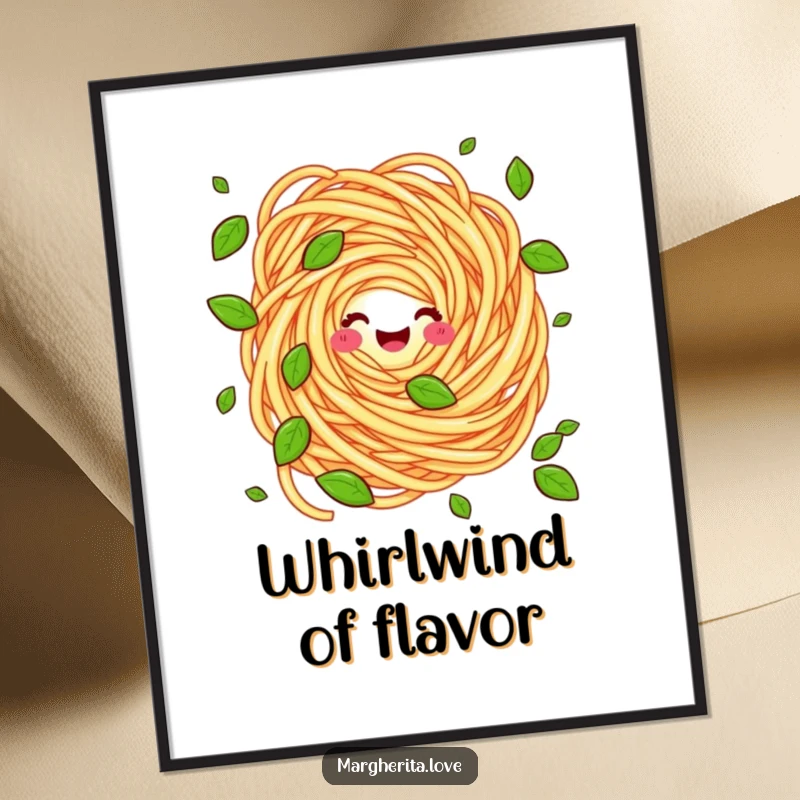 Funny poster showcasing a cheerful pasta swirl juggling green basil leaves, a delightful and humorous culinary illustration for your wall.