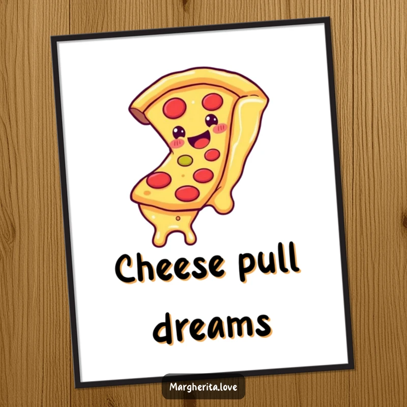 Funny poster art of a happy pizza slice character sliding down a string of melted cheese, embodying delicious, cheesy fun.