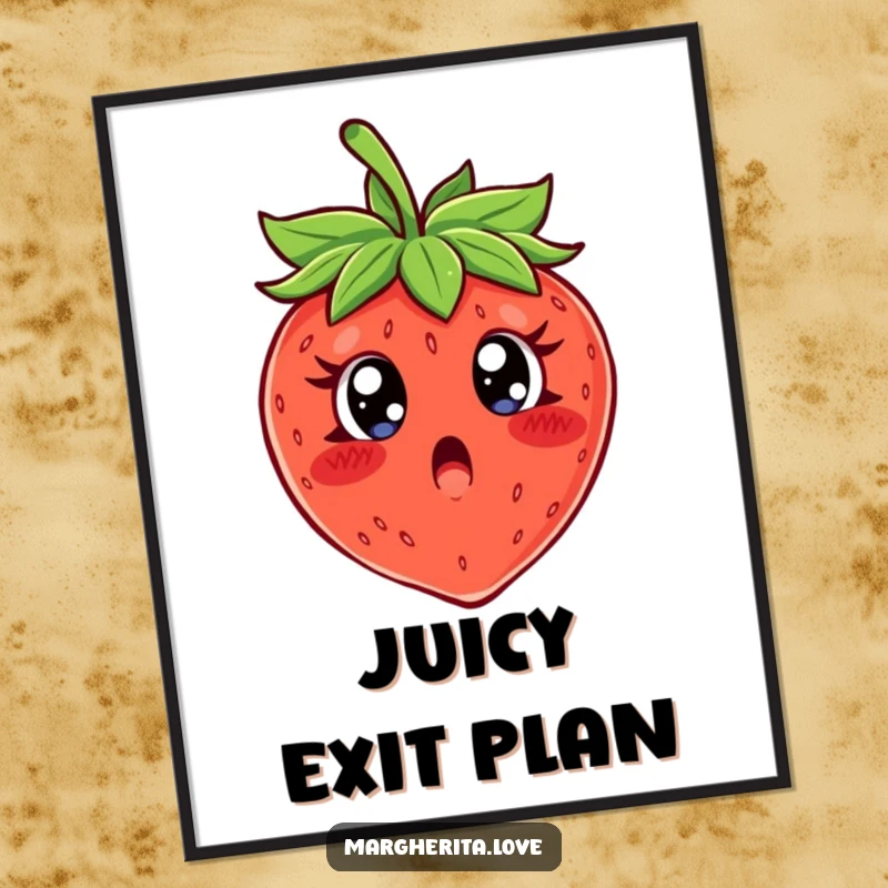 Funny poster of a wide-eyed, surprised strawberry character, conveying comical shock and edible drama.