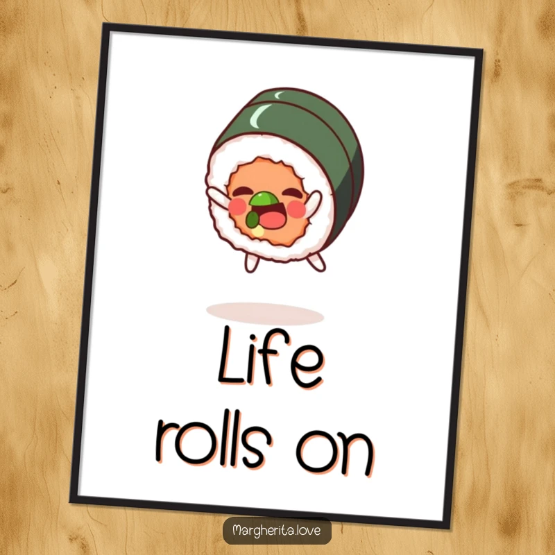 Funny poster of a joyful sushi roll character performing a lively somersault, capturing a moment of pure fun.