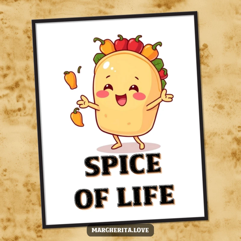 Funny poster displaying a happy taco character enthusiastically juggling small bell peppers, creating a lively and humorous visual.