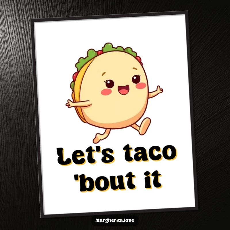 Funny taco jump poster featuring a cheerful anthropomorphic taco with legs mid-jump, adding dynamic energy and humor to any space.