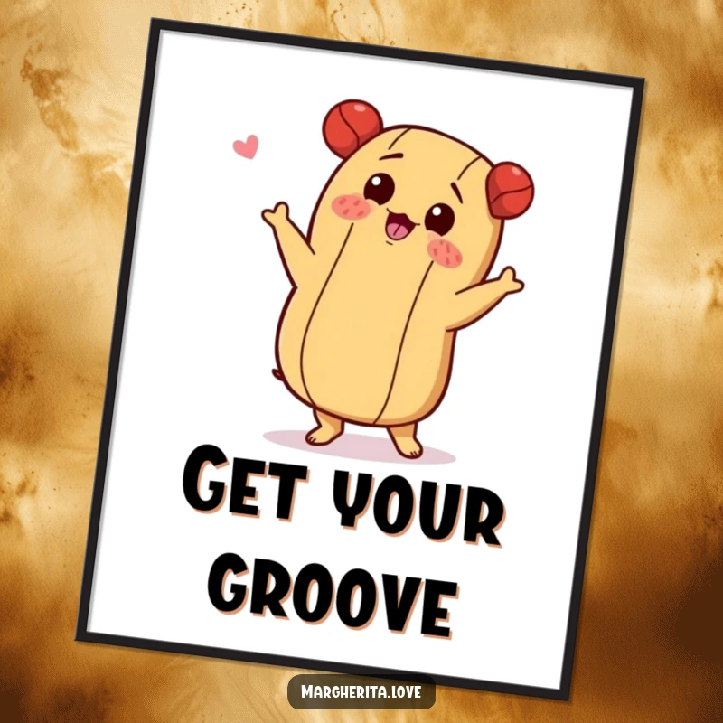 Funny poster of a hot dog character doing a playful, energetic shimmy dance with a humorous twist.