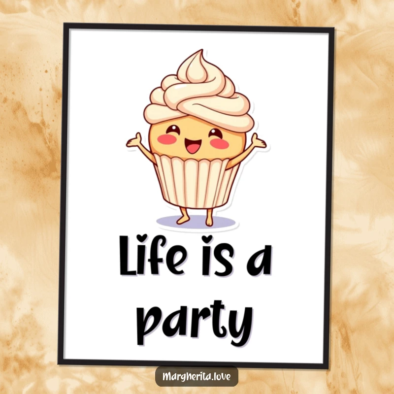 Funny cupcake poster showing a joyful character with frosting, performing a cheerful jig, adding vibrant and humorous energy to decor.