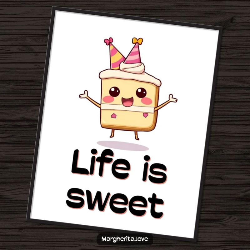 Funny poster of a joyful, bouncing cake slice character wearing a party hat, celebrating with glee.