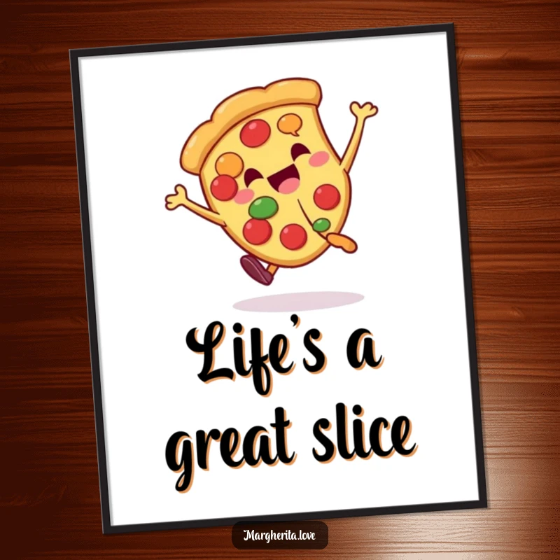 Funny pizza slice character in a dynamic cartwheel pose, presented as a humorous and energetic wall poster.