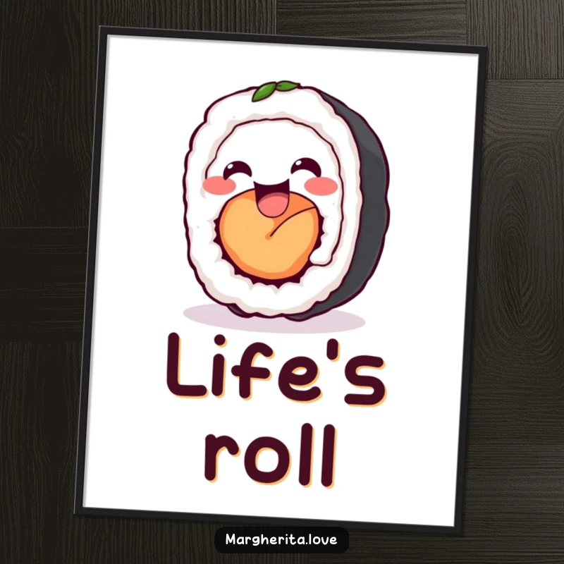 Funny sushi roll wiggle poster featuring a delighted anthropomorphic sushi roll wiggling with happiness, adding charm and humor to any space.